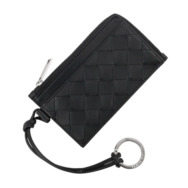 【BOTTEGA VENETA 寶緹嘉】L 型銀色拉鍊小牛皮編織附鑰匙釦卡包/零錢包(黑色)