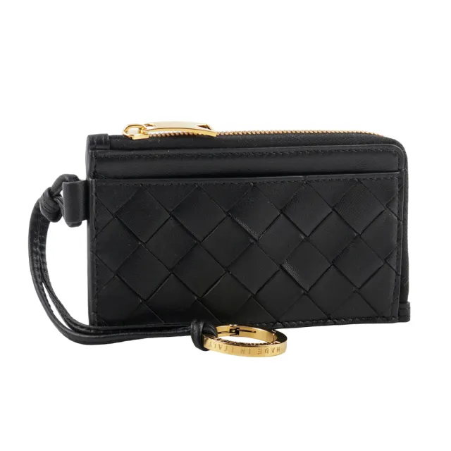 【BOTTEGA VENETA 寶緹嘉】L 型金色拉鍊小羊皮編織附鑰匙釦卡包/零錢包(黑色)