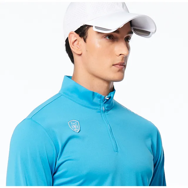 【Lynx Golf】男款吸濕排汗機能個性潮流LOGO字樣印花長袖立領/POLO衫/高爾夫球衫(天空藍色)