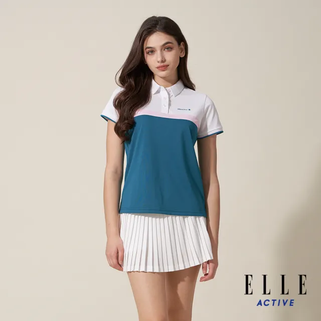 【ELLE ACTIVE】女款 休閒撞色拼接短袖POLO衫-孔雀藍綠色(EA24M2W1102#46)