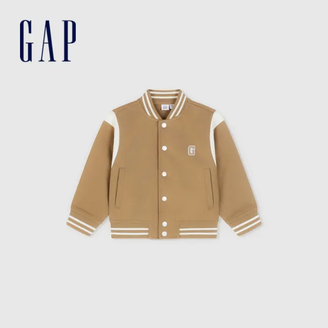 【GAP】男幼童裝 Logo小熊印花立領棒球外套-卡其色(890296)