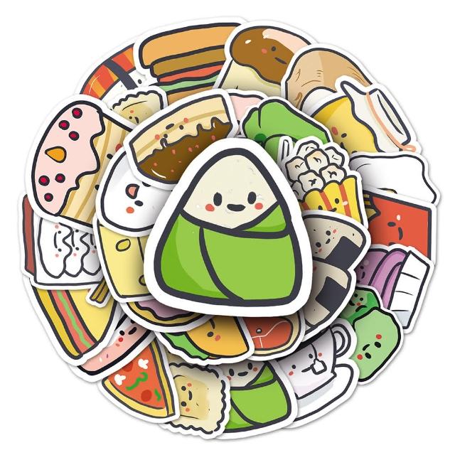 【Paper Play】創意多用途防水貼紙-趣味手繪卡通美味食物 50枚入(防水貼紙 行李箱貼紙 手機貼紙 水壺貼紙)