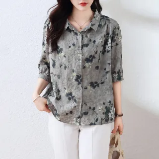 【ALLK 歐楷】滿額再折 長版印花格子上衣 黑咖色(尺寸L-XXL/中大尺碼/涼爽/透氣)