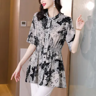 【ALLK 歐楷】滿額再折 長版印花雪紡衫上衣 花色(尺寸L-XXL/中大尺碼/涼爽/透氣)