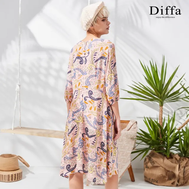 【Diffa】氣質粉花七分袖連身洋裝-女