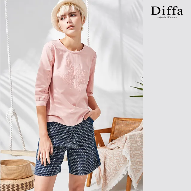 【Diffa】異素材拼接設計牛仔短褲-女(丹寧)