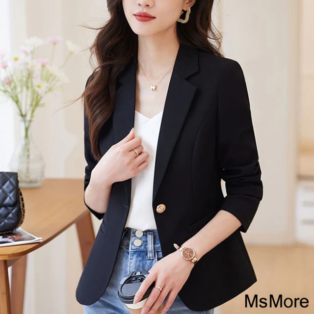 MsMore 短款西裝外套時尚氣質女神范休閒長袖短版#120805(黑/米)