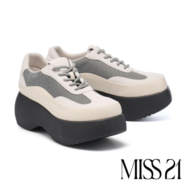 MISS 21 率性潮酷異材質拼接撞色大頭綁帶休閒厚底鞋(灰