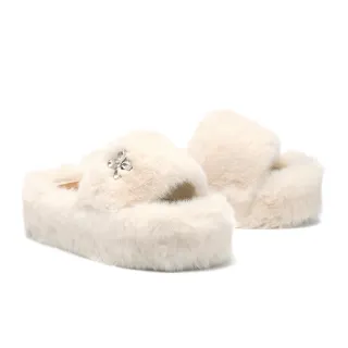 【BYHUE】慵懶舒適花朵水鑽毛毛軟芯厚底拖鞋(米白)