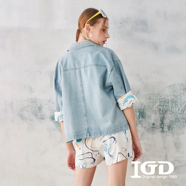 【IGD 英格麗】速達-網路獨賣款-反摺袖牛仔短袖襯衫(藍色)