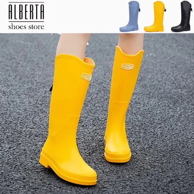 【Alberta】偏小 跟高3cm 統高29cm 時尚雨靴 防水長筒圓頭平底輕便防滑雨鞋高級感高筒通勤水靴3色