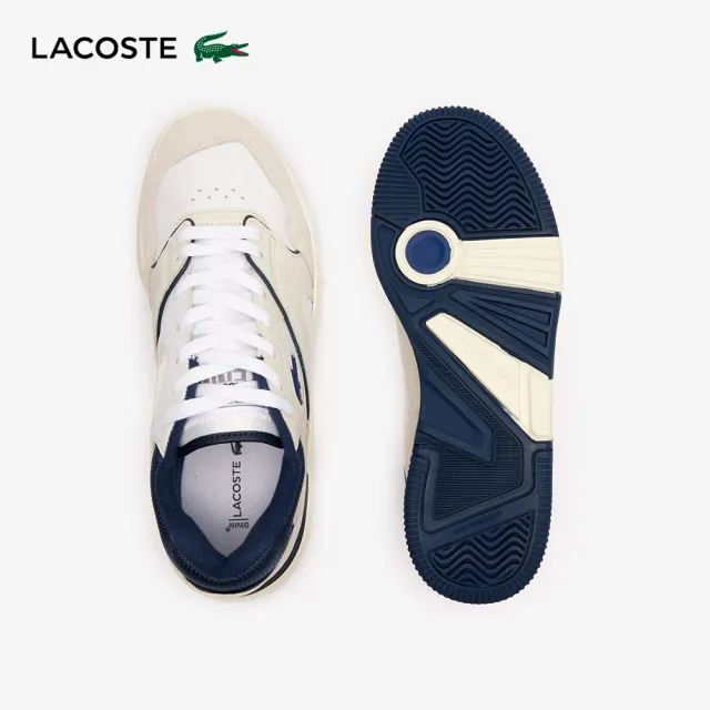 【LACOSTE】男鞋-Lineshot 皮革標誌運動休閒鞋(白/海軍藍色)