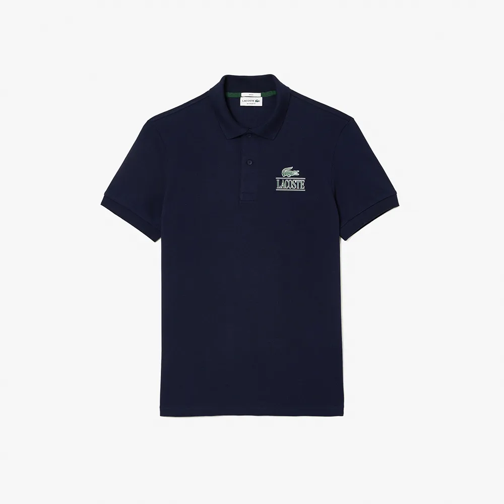 【LACOSTE】中性款-合身印花網眼布短袖Polo衫(藍色)