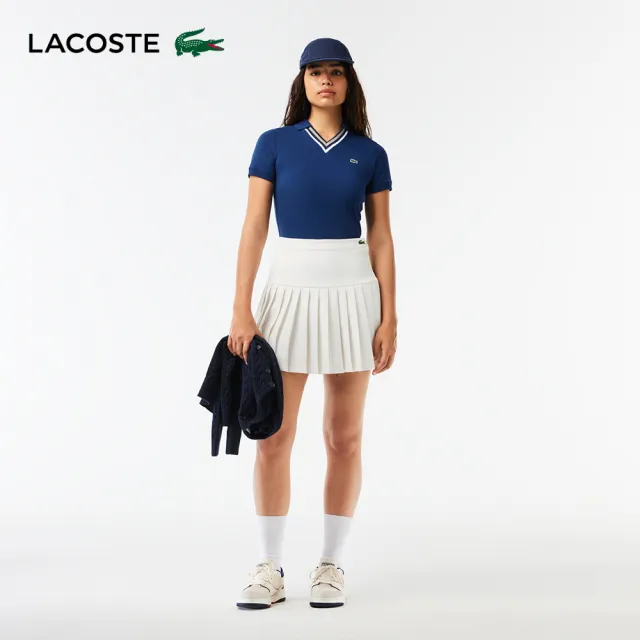 【LACOSTE】女裝-修身款V領彈性短袖Polo衫(藍色)