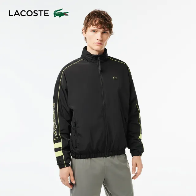 【LACOSTE】男裝-拉鍊撞色連帽夾克(黑色)