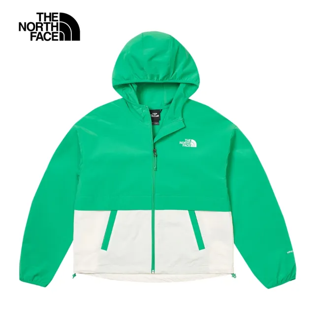 【The North Face 官方旗艦】北面女款米綠拚接防潑水連帽防風外套｜83T9ROT