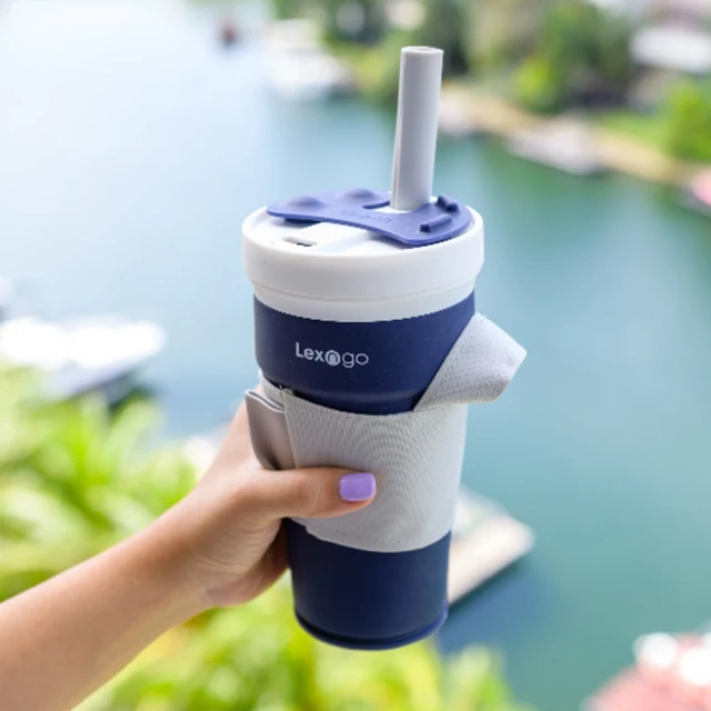 Lexngo 矽膠可摺疊飲料杯700ml(附粗吸管-藍)