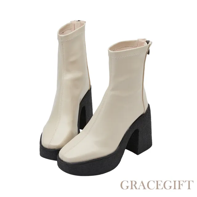 【Grace Gift】卡士達奶油皮革防水台高跟短靴