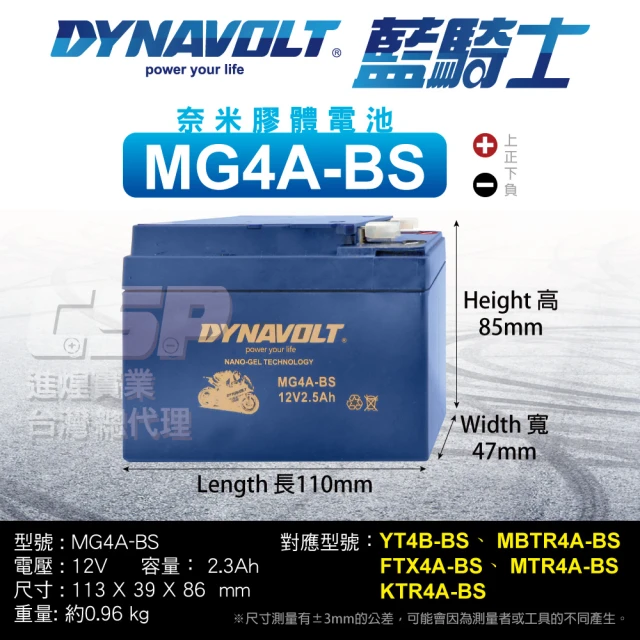 CSP 藍騎士DYNAVOLT MG4A-BS 同YTR4A-BS(機車電瓶 膠體電池 HONDA MONKEY 50小猴子 保固15個月)
