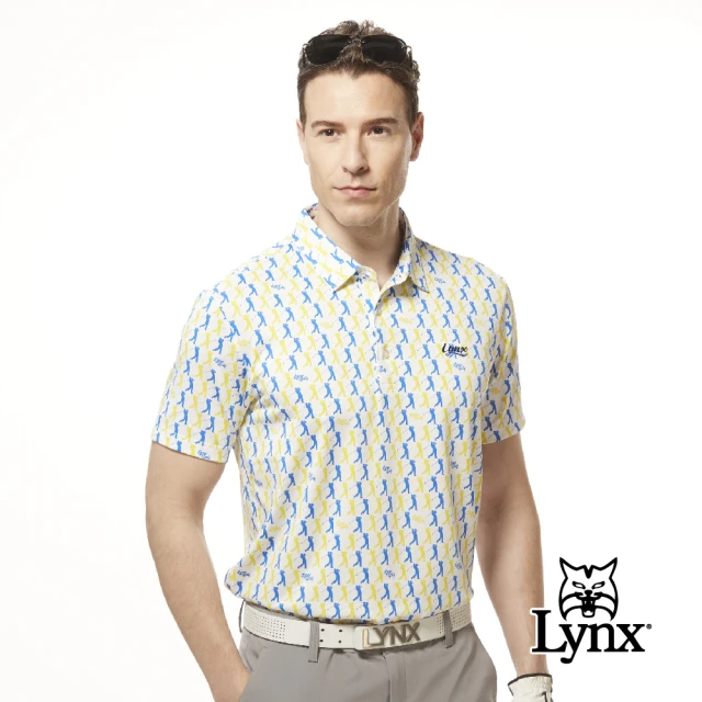 Lynx Golf 男款吸溼排汗機能滿版配色人物揮桿動作圖樣印花短袖POLO衫/高爾夫球衫(白色)