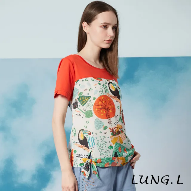 【LUNG.L 林佳樺】LP61A橘色絲光棉拼接印花短袖女裝上衣(雪紡  新品上市 春夏 棉質)