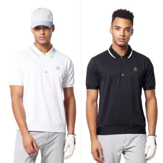 【Lynx Golf】男款吸溼排汗雙面橫條組織布配色羅紋領下擺微縮口設計短袖立領POLO衫/高爾夫球衫(二色)