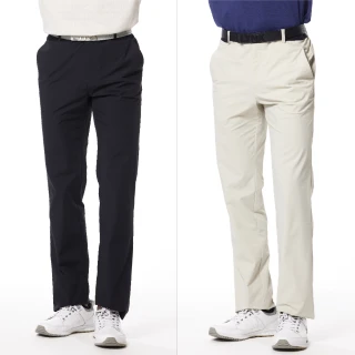 【Lynx Golf】男款彈性舒適素面外觀不對稱後袋Lynx織帶造型平口休閒長褲(二色)