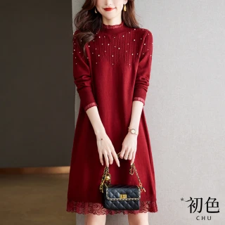 【初色】釘珠蕾絲圓領長袖針織衫毛衣連衣裙連身洋裝中長洋裝-共4色-32916(F可選)