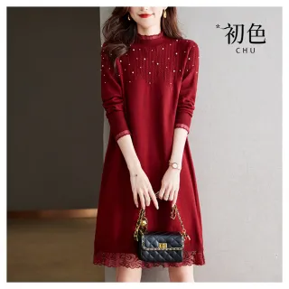 【初色】釘珠蕾絲圓領長袖針織衫毛衣連衣裙連身洋裝中長洋裝-共4色-32916(F可選)