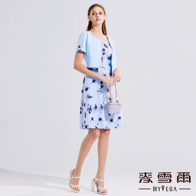 【MYVEGA 麥雪爾】假兩件印花造型袖短洋裝-藍(2024春夏新品)