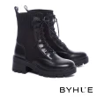 【BYHUE】韓系日常牛皮拼接彈力綁帶軟芯高跟短靴(黑)