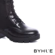 【BYHUE】韓系日常牛皮拼接彈力綁帶軟芯高跟短靴(黑)