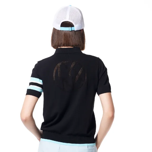【Lynx Golf】女款彈性舒適羅紋造型袖配色設計LOGO緹花工藝短袖POLO領毛衣(二色)