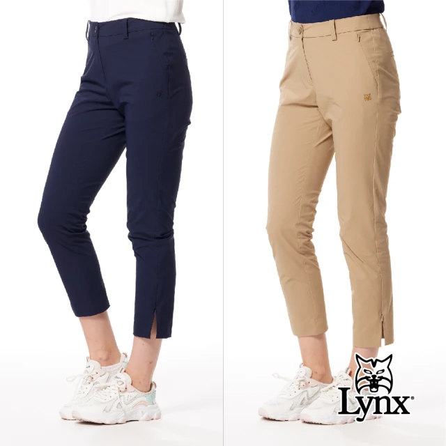 Lynx Golf 女款彈性舒適隱形拉鍊口袋山貓膠標造型褲口開杈設計窄管九分褲(二色)