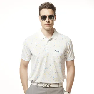 【Lynx Golf】男款吸溼排汗機能羅紋領設計滿版月亮星星印花胸袋款短袖POLO衫/高爾夫球衫(白色)