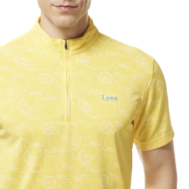 【Lynx Golf】男款吸溼排汗機能網眼材質滿版檸檬圖樣印花短袖立領POLO衫/高爾夫球衫(黃色)