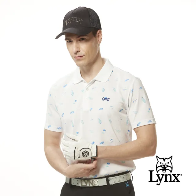 【Lynx Golf】男款吸濕排汗機能網眼材質高爾夫圖樣Lynx草寫繡花短袖POLO衫/高爾夫球衫(白色)