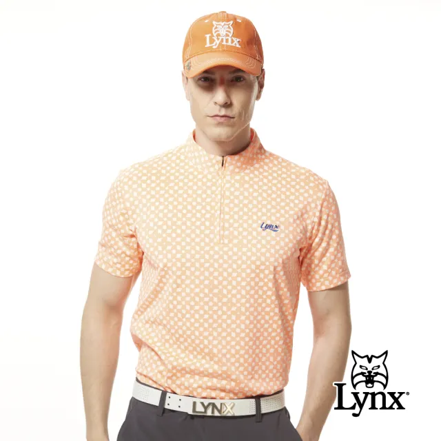 【Lynx Golf】男款吸汗速乾機能滿版形狀造型印花Lynx字樣繡花短袖立領POLO衫/高爾夫球衫(螢光橘色)