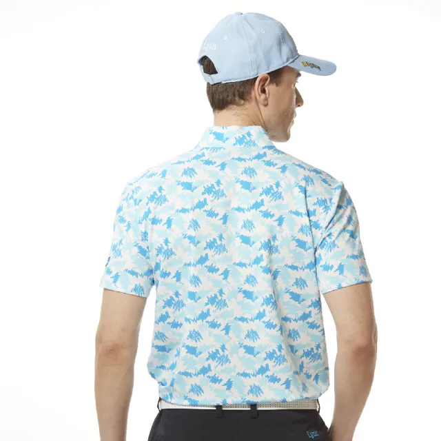 【Lynx Golf】男款吸溼排汗機能街頭塗鴉風格圖樣印花短袖立領POLO衫/高爾夫球衫(淺藍色)