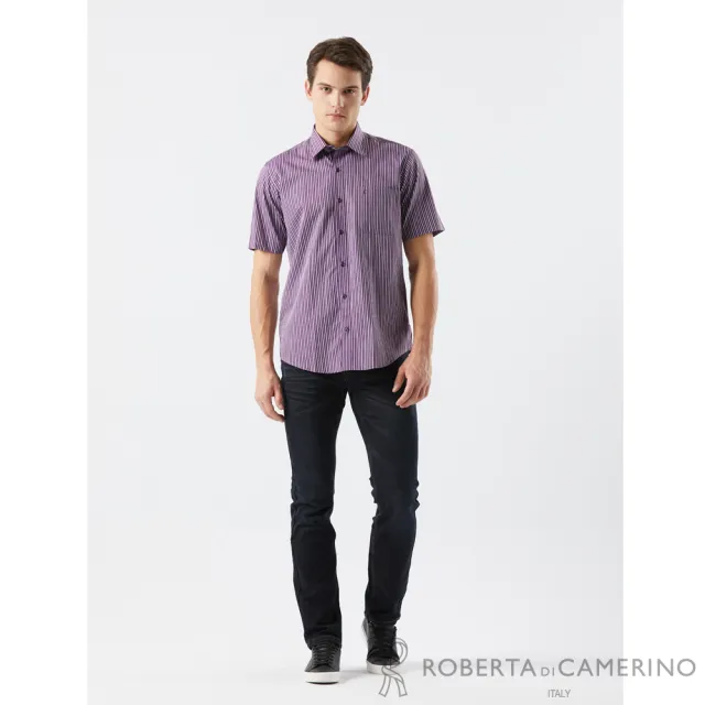 【ROBERTA 諾貝達】男裝 純棉紫條紋短袖襯衫(奧地利素材 台灣製)