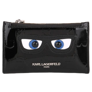 【KARL LAGERFELD 卡爾】大眼睛亮漆皮暗扣卡夾/零錢包(黑)