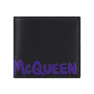 【ALEXANDER MCQUEEN】ALEXANDER McQUEEN 紫藍字母筆刷LOGO滑面小牛皮8卡對折短夾(黑)