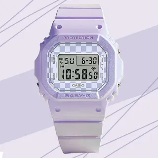 【CASIO 卡西歐】BABY-G 滑板文化 酷炫格子旗 精巧纖薄方形電子錶-紫色(BGD-565GS-6 防水100米)
