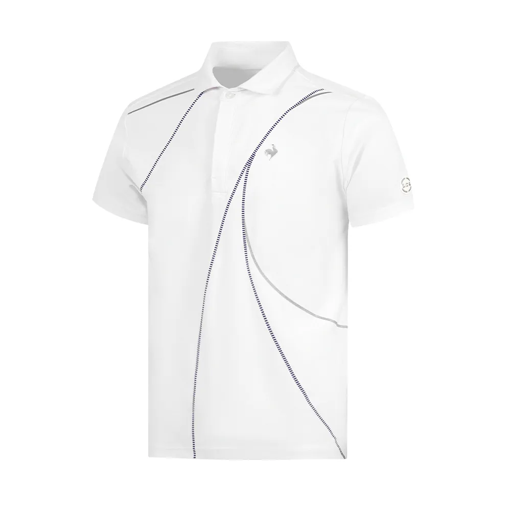 【LE COQ SPORTIF 公雞】高爾夫系列 男款白色高機能簡約曲線印花短袖POLO衫 QGT2J231