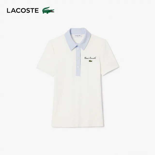 【LACOSTE】母親節首選女裝-修身彈性撞色領短袖Polo衫(白色)