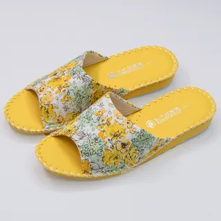 【PANSY】花卉女士手工防滑舒適柔軟皮革室內拖鞋 黃色 室內鞋 拖鞋 防滑拖鞋(8690)