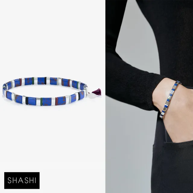 【SHASHI】紐約品牌 Tilu Amalia 簡約金塊手鍊 彈性手鍊 銀色X藍色(彈性手鍊)