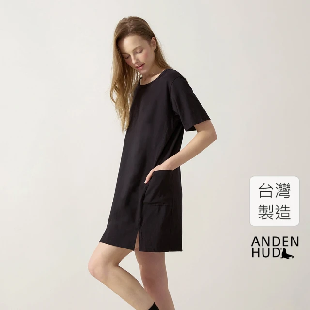 【Anden Hud】連身_療癒烘焙．純棉短袖口袋開叉睡衣(黑色)