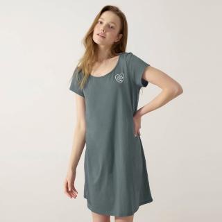 【Anden Hud】連身_療癒烘焙．吸濕排汗A-Line短袖睡衣(鐵藍-愛心nice day)