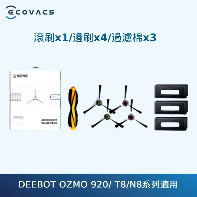 【ECOVACS 科沃斯】DEEBOT OZMO 920/ T8/N8系列 掃地機配件組(滾刷*1/邊刷*4/過濾棉*3)